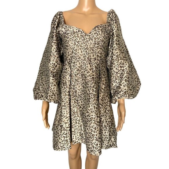 Sister Jane Tempo Leopard Jacquard Puff Sleeve Sweetheart Mini Dress Size XS - Picture 2 of 8